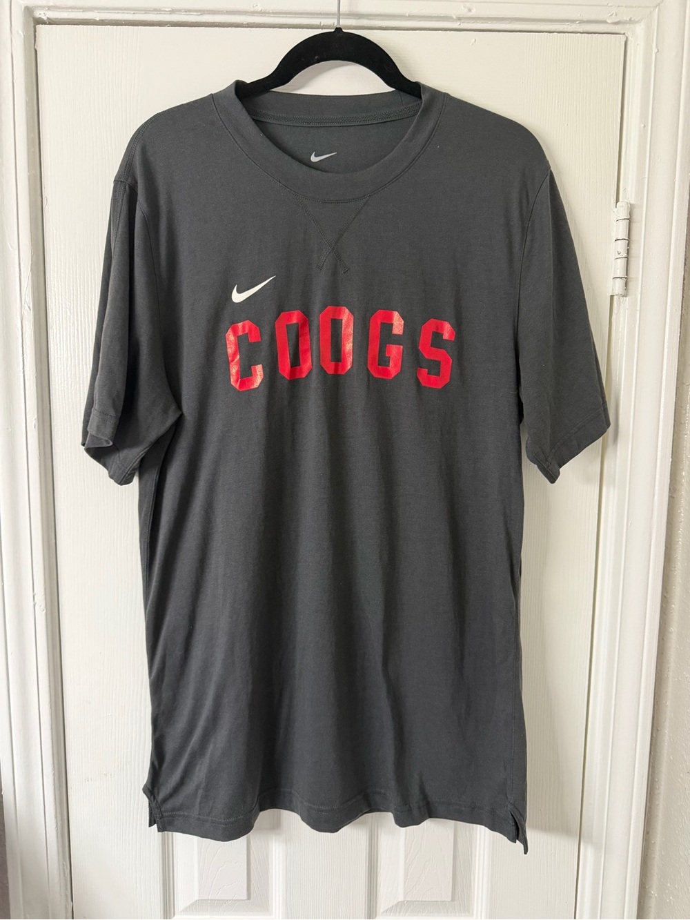 Nike Women's COOGS Short Sleeve T‑Shirt Charcoal with Red Logo Large Collegiate